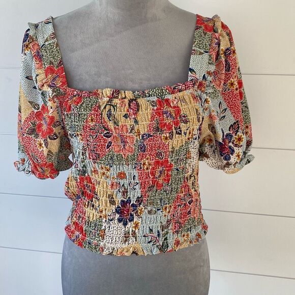 Orange and Red Puff Sleeve Smocked Blouse - Picture 1 of 8